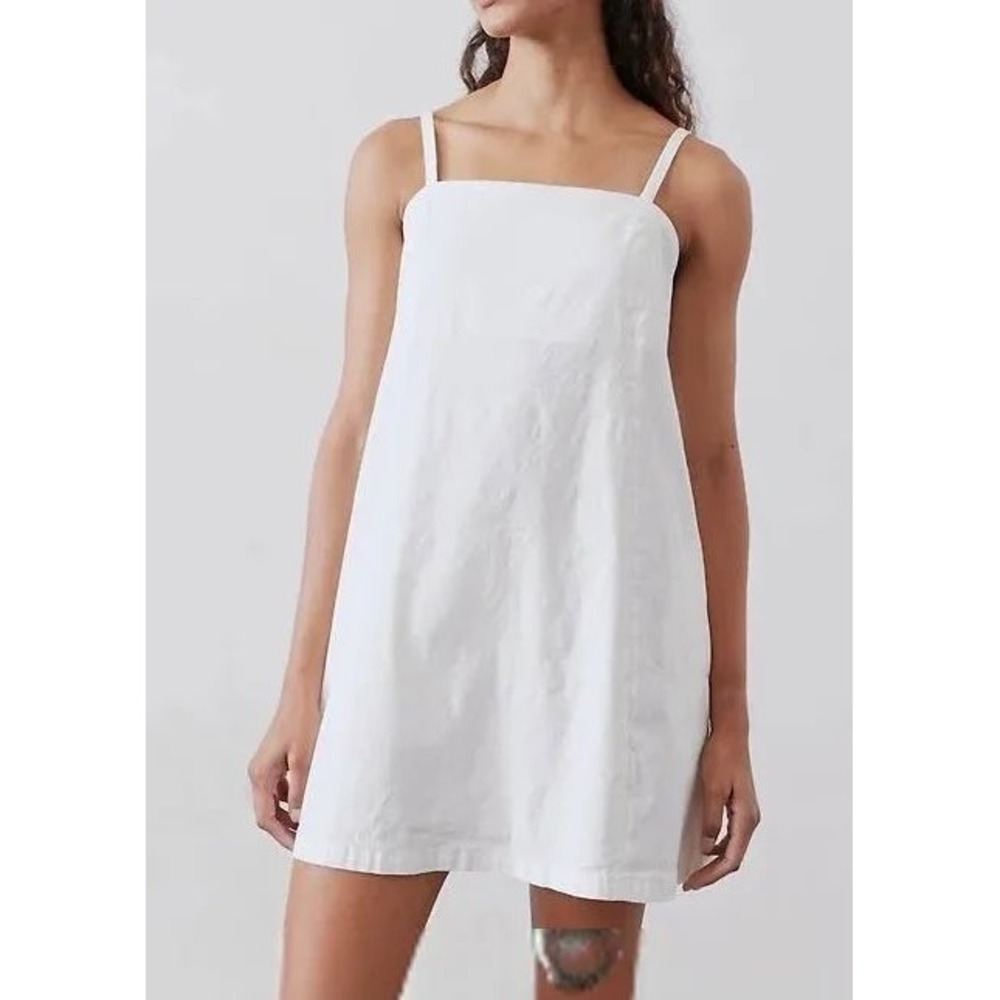 Athleta Paradise Mini Dress White Linen Blend M Costal Minimalist Preppy *READ